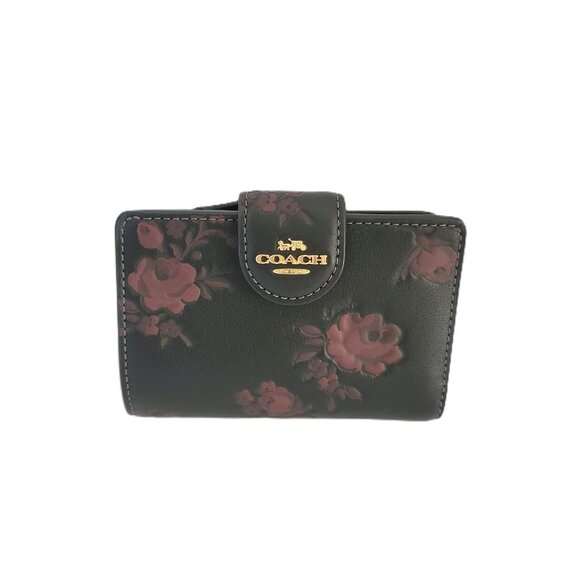 Coach CCR20 Medium Corner Zip Floral Print Bifold Wallet Pebbled Leather Wine - Picture 2 of 7